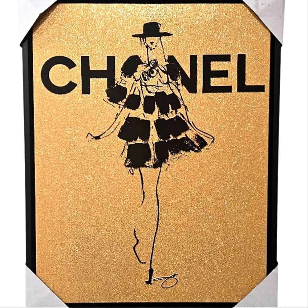 Empire Art District Chanel Gold Glitter Embellished Elegant Mrs Framed Wall Deco
